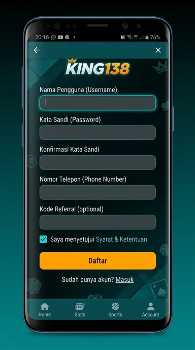 Tampilan halaman daftar king138